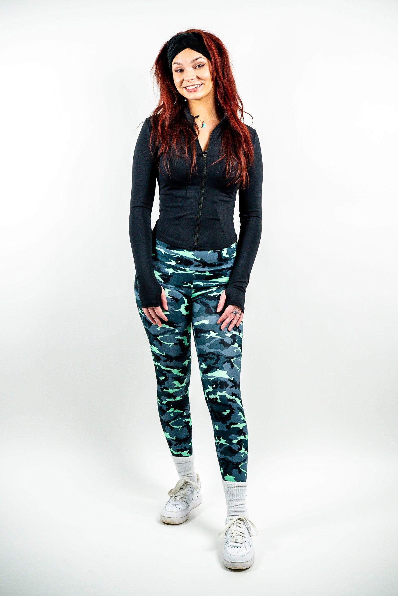 Beautiful Zoe is wearing size small. Hips are 39 inches and waist 27 inches. Mint camo fabric runs smaller in size, so size up if in between sizes.